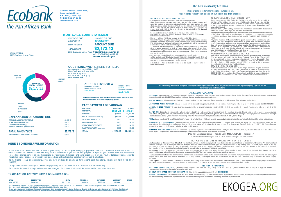 Relevé de prêt hypothécaire de la Banque Ecobank du Togo aux formats Word et PDF, 4 pages 1, 2